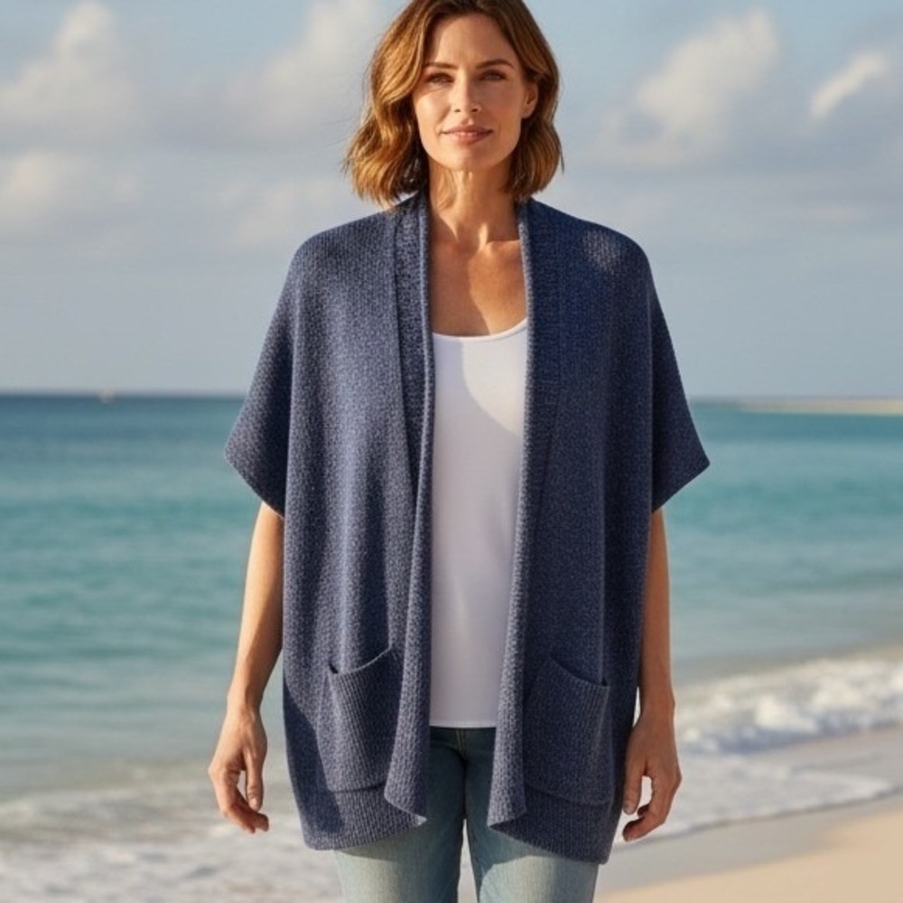 Athleta Blue‎ Marl Open Front Cardigan Shawl Collar Pockets Coastal Grandma S/M